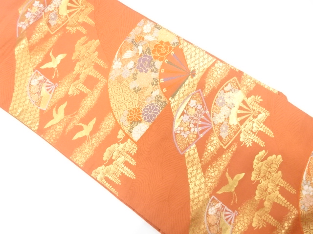 JAPANESE KIMONO / NAGOYA OBI / SILK / WOVEN FOLDING FAN & PHOENIX & FLOWERS